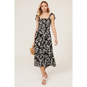 Slate & Willow Black White Floral Tie Shoulder Midi Dress Size L